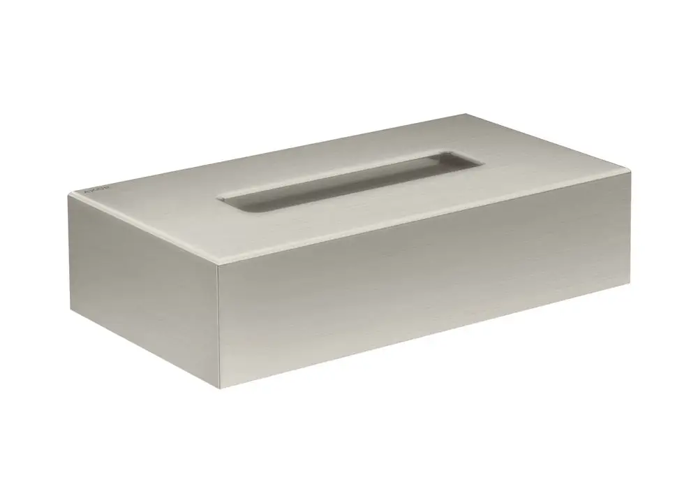 Edelstahl Kosmetiktuchbox mit ovalem Ausgabefenster. Die Box hat eine matte Oberfläche und ist geeignet für die Verwendung im Badezimmer oder anderen Räumen. Mit AXOR-Logo versehen.